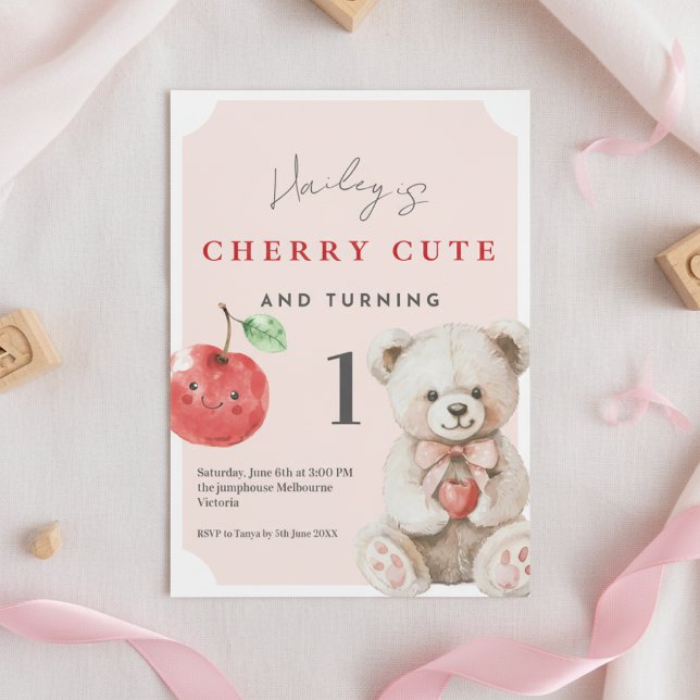 1st Birthday Invitation Cherry Cute Teddy Theme (Cherry cute teddy 1st birthday invitation with fruit theme and pink watercolor accents)