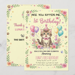1st Birthday Invitation, Cream Floral Girls Kitty Invitation