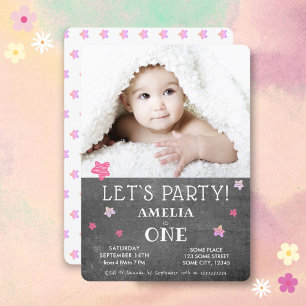 1st Birthday Invitation Cute Chalkboard Pink Stars