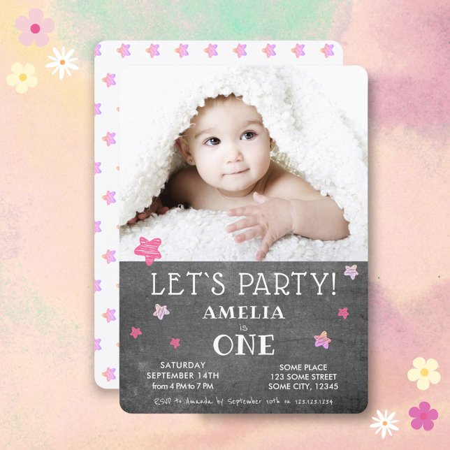 1st Birthday Invitation Cute Chalkboard Pink Stars (Creator Uploaded)