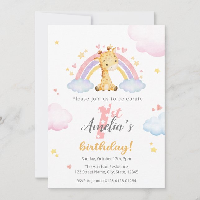 1st Birthday Invitation - Cute Giraffe and Rainbow (Front)