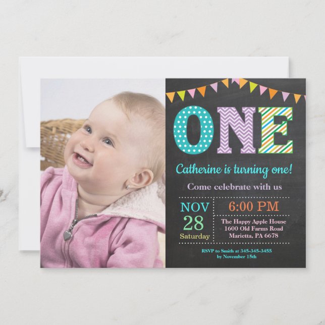 1st Birthday Invitation. Girl First Birthday Photo Invitation (Front)