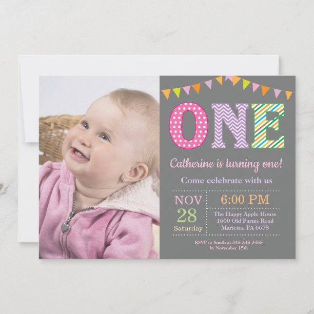 1st Birthday Invitation. Girl First Birthday Photo Invitation (Front)