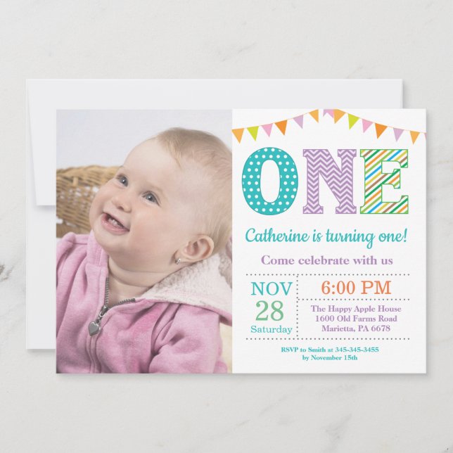 1st Birthday Invitation. Girl First Birthday Photo Invitation (Front)