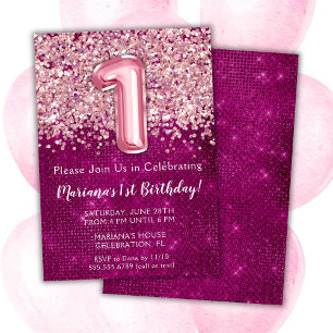 1st Birthday Invitation Girly Magenta Pink Glitter