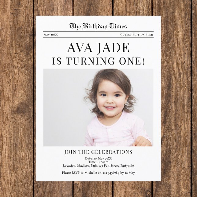 1st Birthday Invitation Newspaper Postcard (Creator Uploaded)