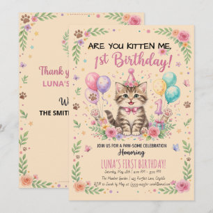 1st Birthday Invitation, Pink Floral Girls Kitty Invitation