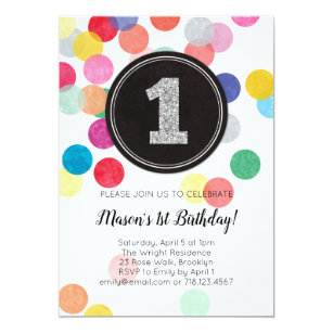 1st birthday invitation rainbow confetti & silver