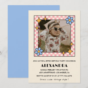 1st birthday invitation Retro Groovy Blue Floral