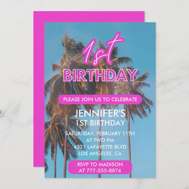 1st birthday invitation Summer Tropical Palm tree (Front/Back)