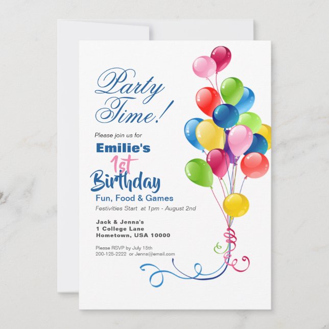 1st Birthday Invitation with Colourful Balloons (Front)