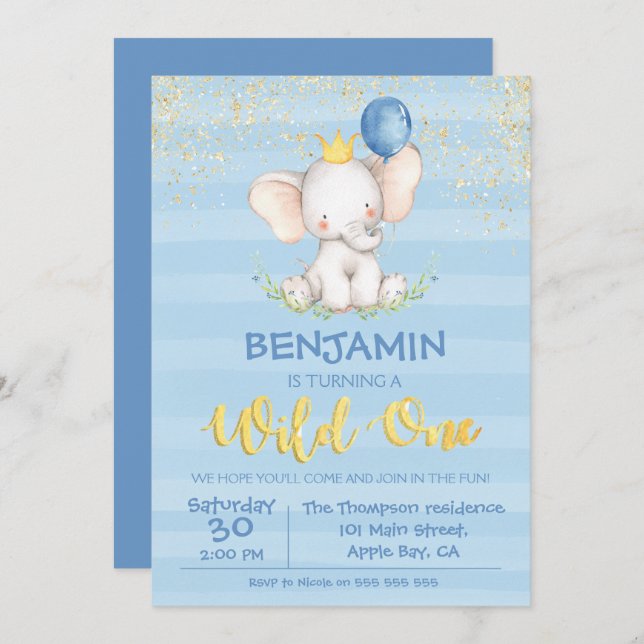 1st Birthday Invitations | Baby Elephant Boy (Front/Back)