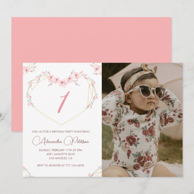 1st birthday invitations Boho Floral Photo (Front/Back)