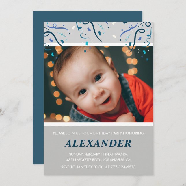 1st birthday invitations Boy Confetti Photo Navy (Front/Back)