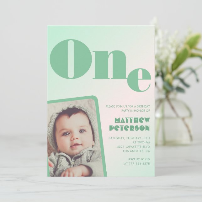 1st birthday invitations Boy Green  Gradient Photo (Standing Front)