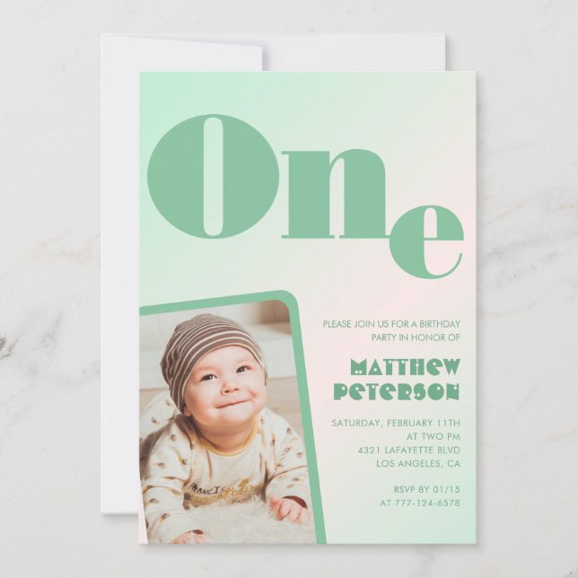 1st birthday invitations Boy Green  Gradient Photo (Front)