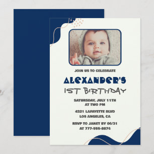 1st birthday invitations Boy Navy Simple Photo