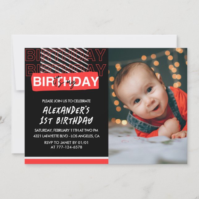 1st birthday invitations boy Party Photo Red  (Front)