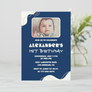 1st birthday invitations Boy Photo Simple Navy 