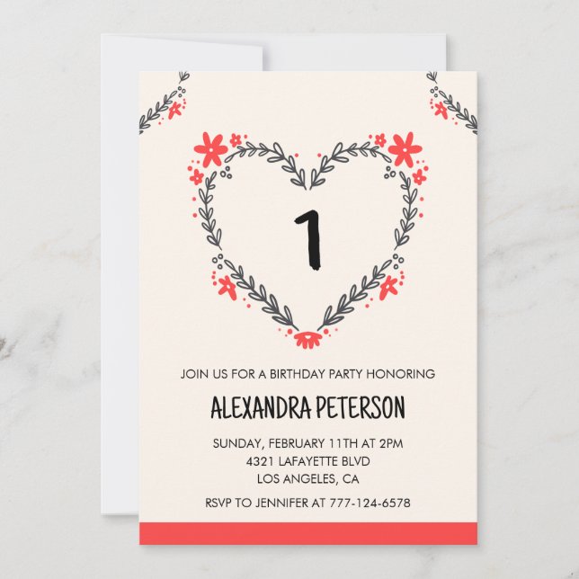 1st birthday invitations for her floral heart (Front)