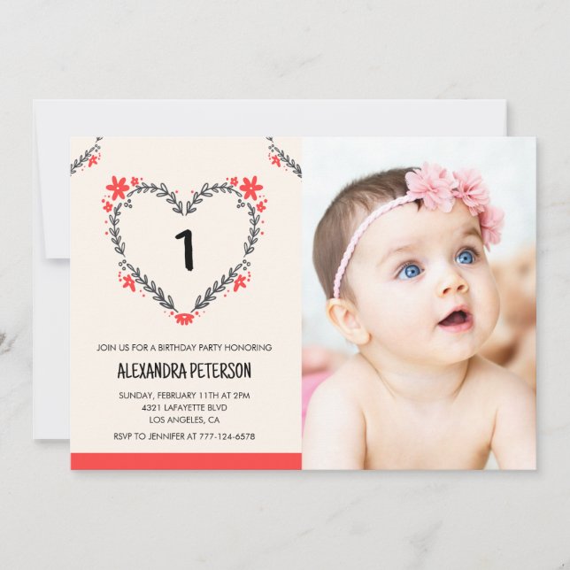 1st birthday invitations for her Floral Heart (Front)