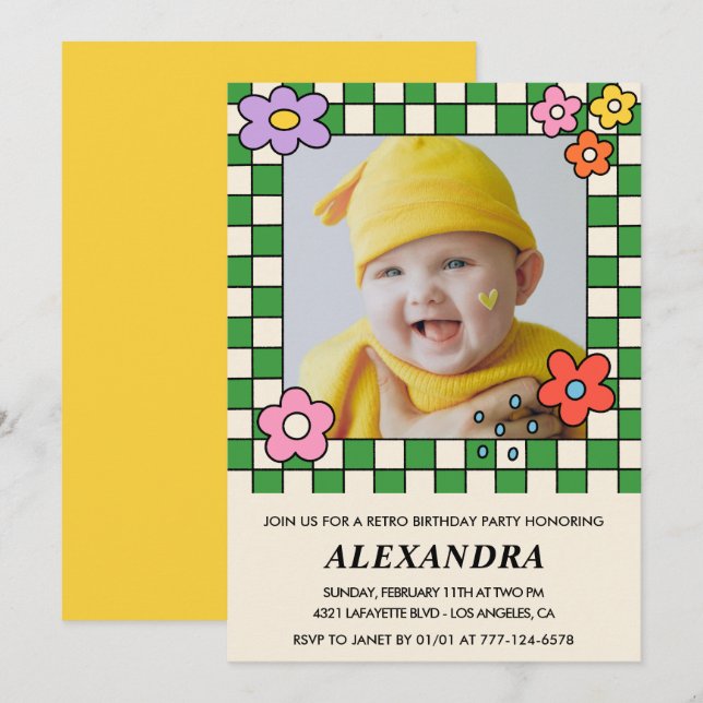 1st birthday invitations Retro Groovy Flowers (Front/Back)
