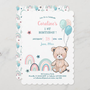 1st birthday invitations with a cute teddy bear.