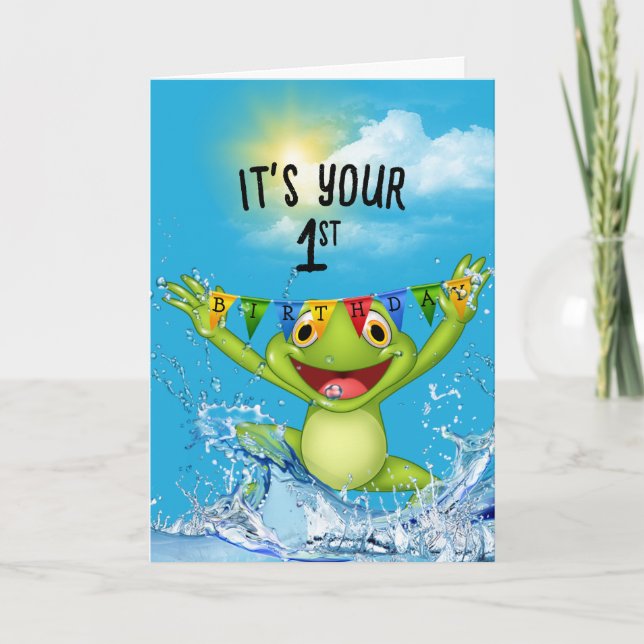 1st Birthday Jumping Frog in Water   Card (Front)