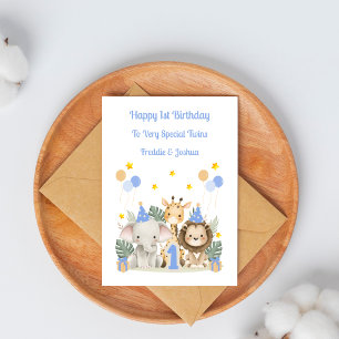 1st Birthday Jungle Animals Twin Boys Card