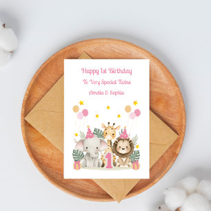 1st Birthday Jungle Animals Twin Girls Card