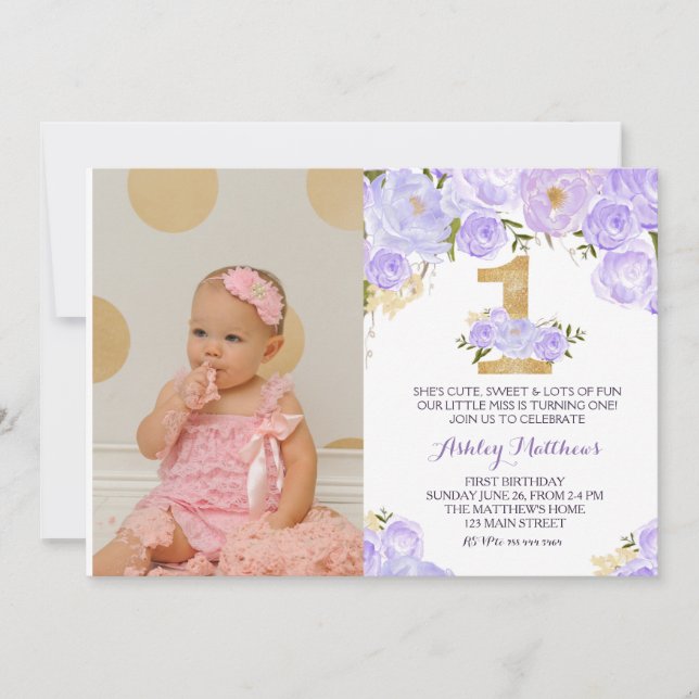 1ST birthday lavender FIRST Floral Invitation (Front)