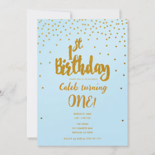 1st Birthday Light Blue & Gold Confetti Invitation