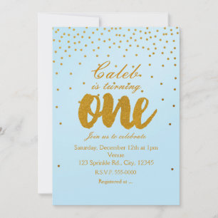 1st Birthday Light Blue & Gold Confetti Invitation