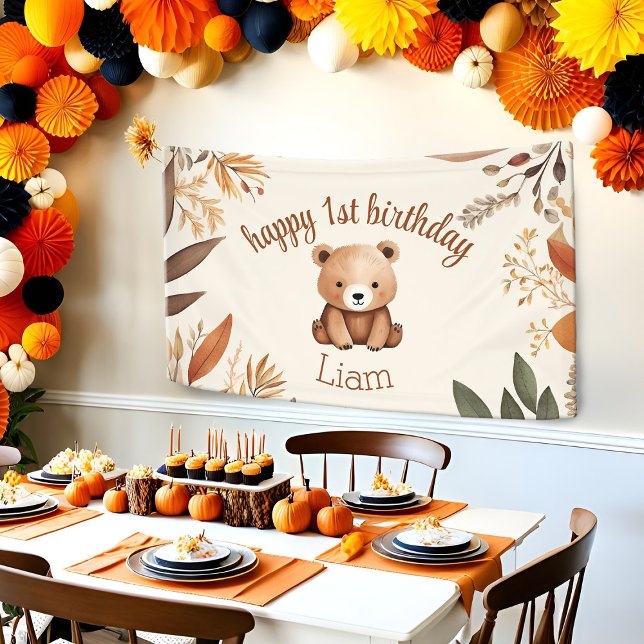 1st Birthday Little Bear Fall Woodland Baby Animal Banner (1st birthday party baby bear wall backdrop with a boho Fall theme)