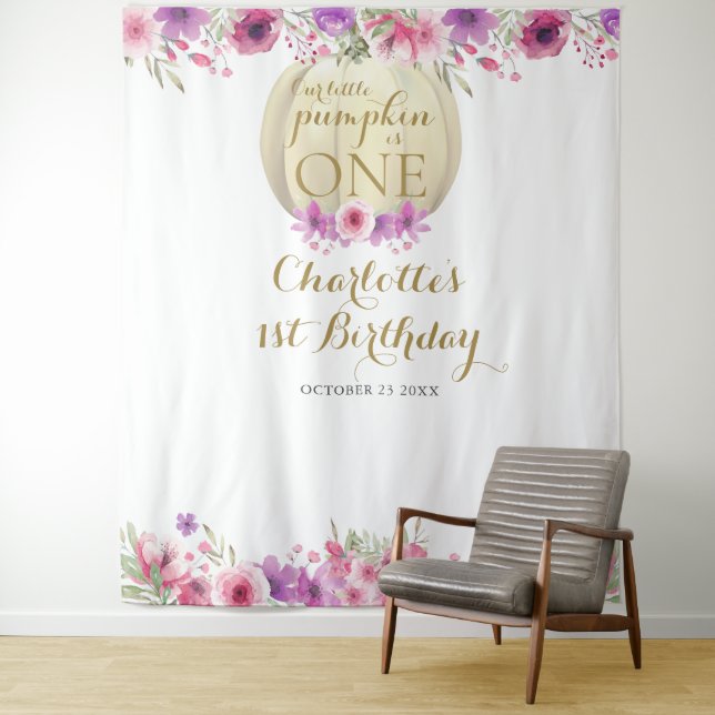 1st Birthday Little Pumpkin Floral Photo Prop Tapestry (In Situ)