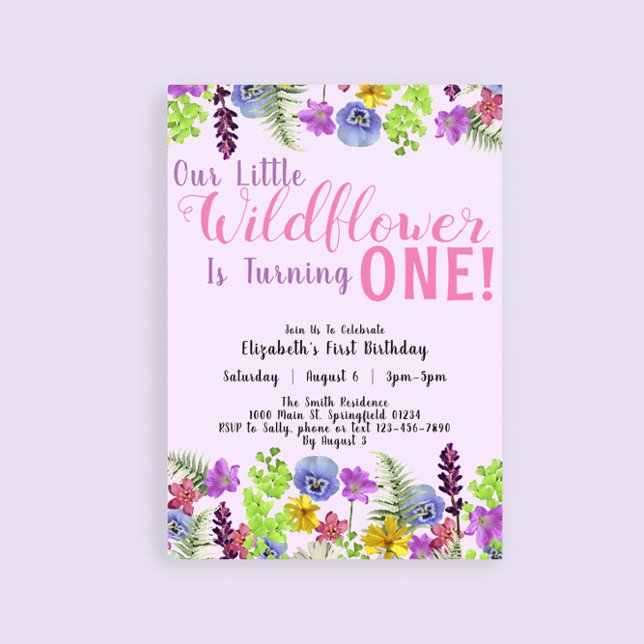1st Birthday Little Wildflower Purple Floral Girl  Invitation (Creator Uploaded)
