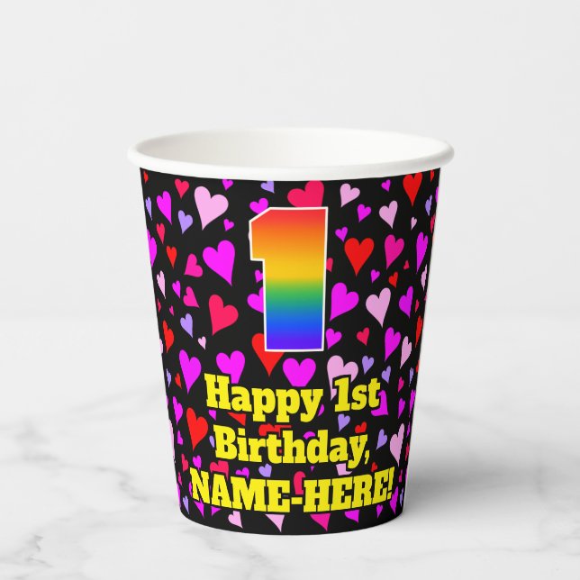 1st Birthday: Loving Hearts Pattern, Rainbow 1 Paper Cups (Back)