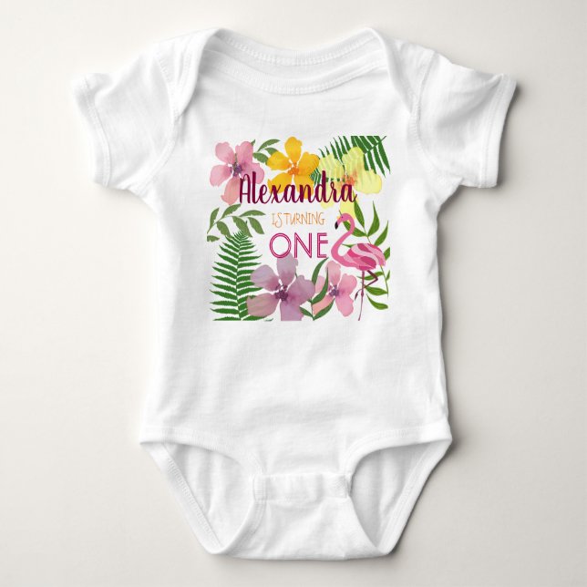 1st Birthday Luau Tropical Flowers Pink Baby Bodysuit (Front)