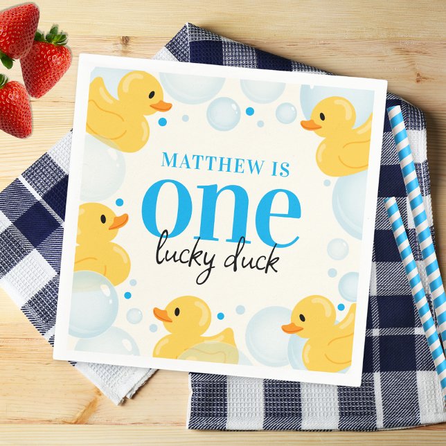 1st Birthday Lucky Duck Boy's Blue Party Napkin (Creator Uploaded)