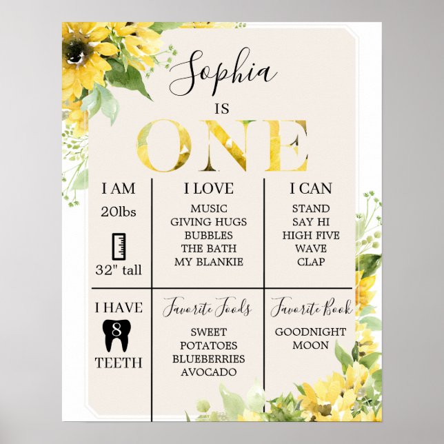 1st Birthday Milestone Poster Sunflower (Front)