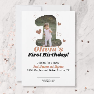 1st Birthday Minimalist Beige Teddy Hearts Invitation