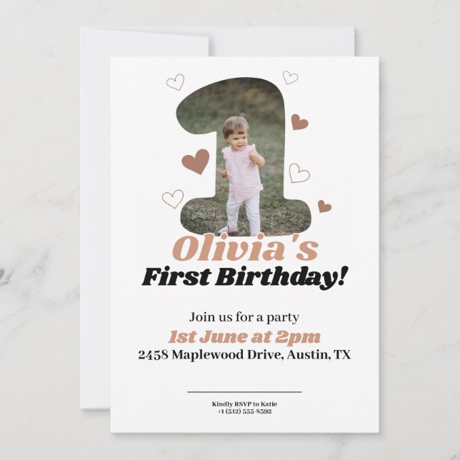 1st Birthday Minimalist Beige Teddy Hearts Save The Date (Front)