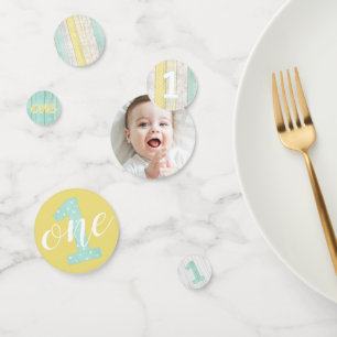 1st Birthday Mint & Yellow Cottage Rustic Wood Confetti