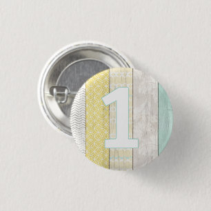 1st Birthday Mint & Yellow Rustic Wood Geometric 3 Cm Round Badge