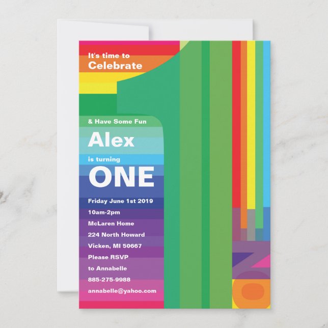 1st Birthday Mod Rainbow Invitations (Front)