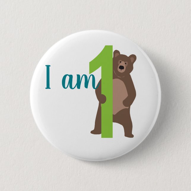 1st Birthday Modern Brown Bear 6 Cm Round Badge (Front)