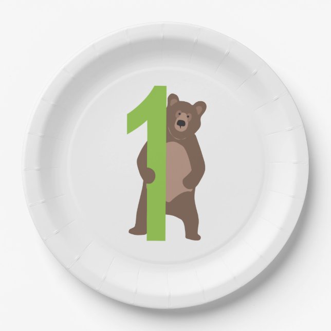 1st Birthday Modern Brown Bear Paper Plate (Front)