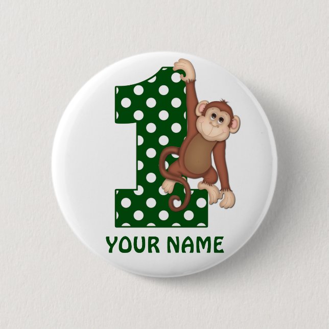 1st Birthday Monkey Green Personalised Button (Front)