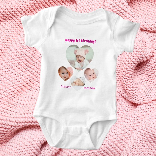 1st Birthday name age photo collage baby girl Bodysuit (Creator Uploaded)