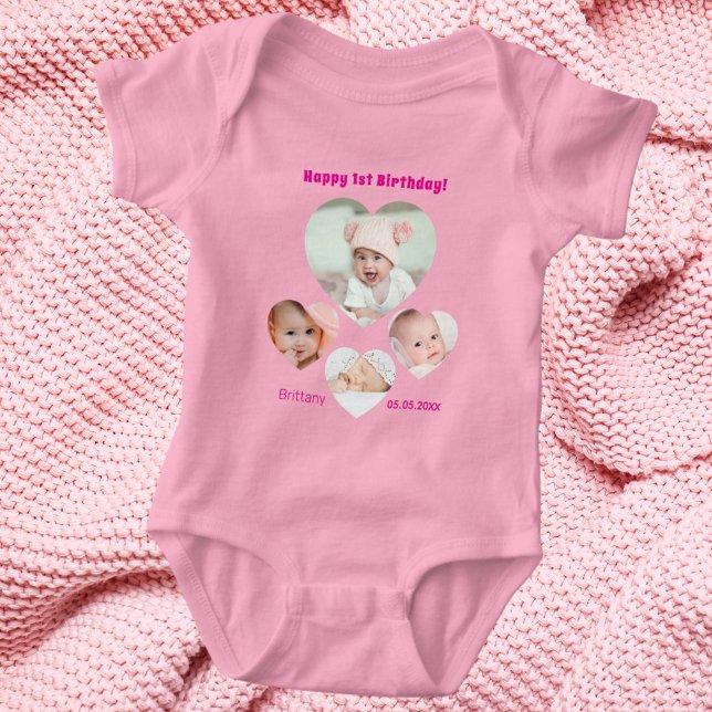 1st Birthday name age photo collage baby girl pink Baby Bodysuit (Creator Uploaded)